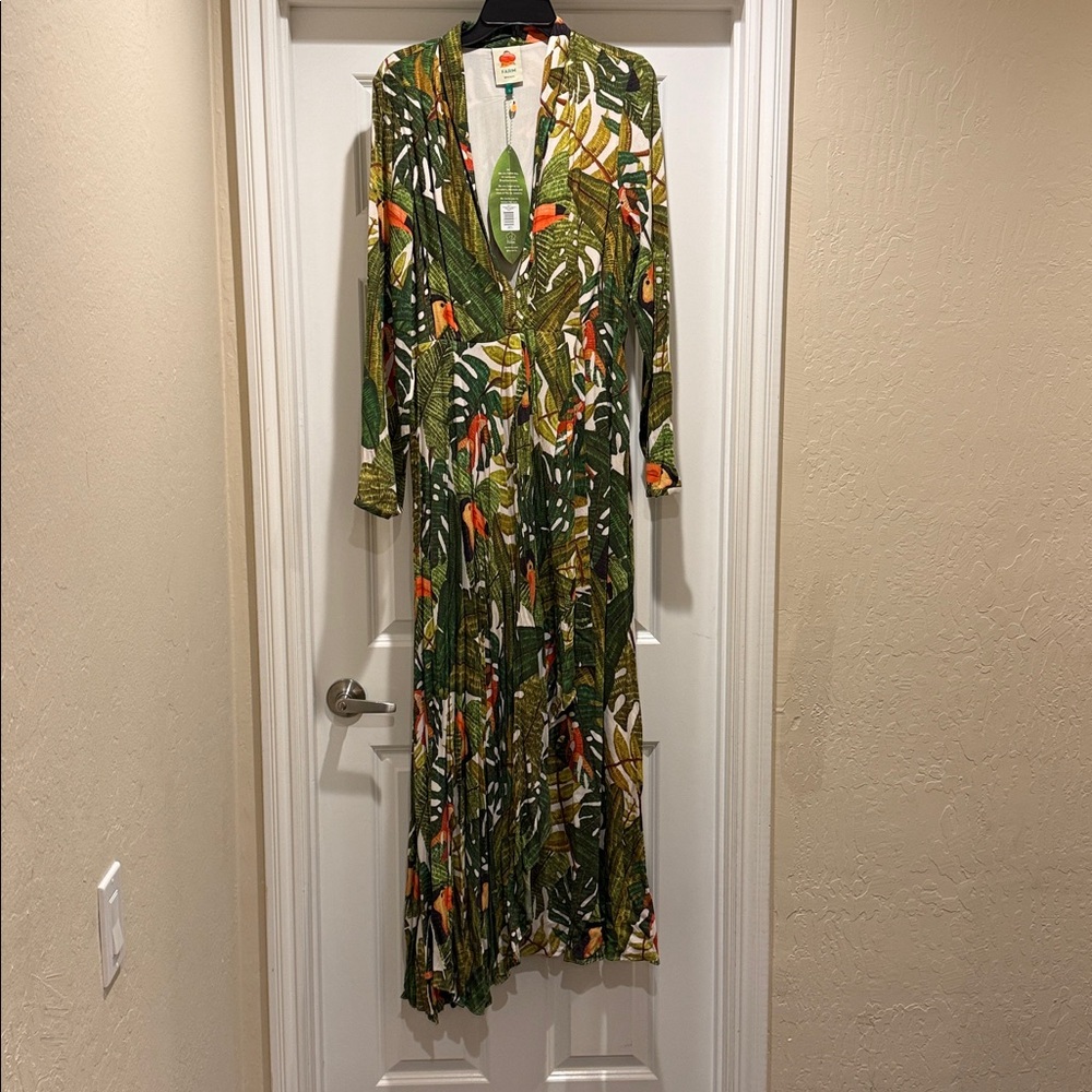FARM Rio Toucans Tropical Foliage Pleated Maxi Dress | Size L | NWT Brazil